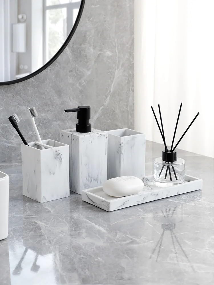 Accesorios BañO Set Accesorios De Baño Dispensador Jabón Y Loción con Diseño Mármol Completo, Soporte For Material Resina, Blanco Negro(White 4 pcs)
