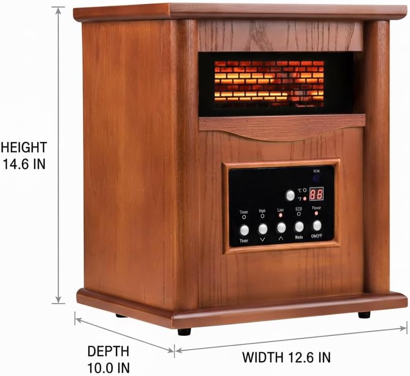 Nordic Hygge Portable Space Heater, 1500W Electric Infrared Heater for Indoor Use, Living Room, Bedroom, Office - Remote Control, 12H Timer, 3 Heat Settings, Overheat & Tip-Over Safety, Light Oak