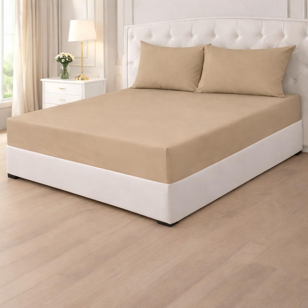 Poly Cotton Fitted Sheets 25cm,Plain PolyCotton Fitted Bed Sheets,Shrinkage & Fade Resistant Percale Quality Fitted Sheets,Non Iron Easy Care (Beige, King) โ image 1