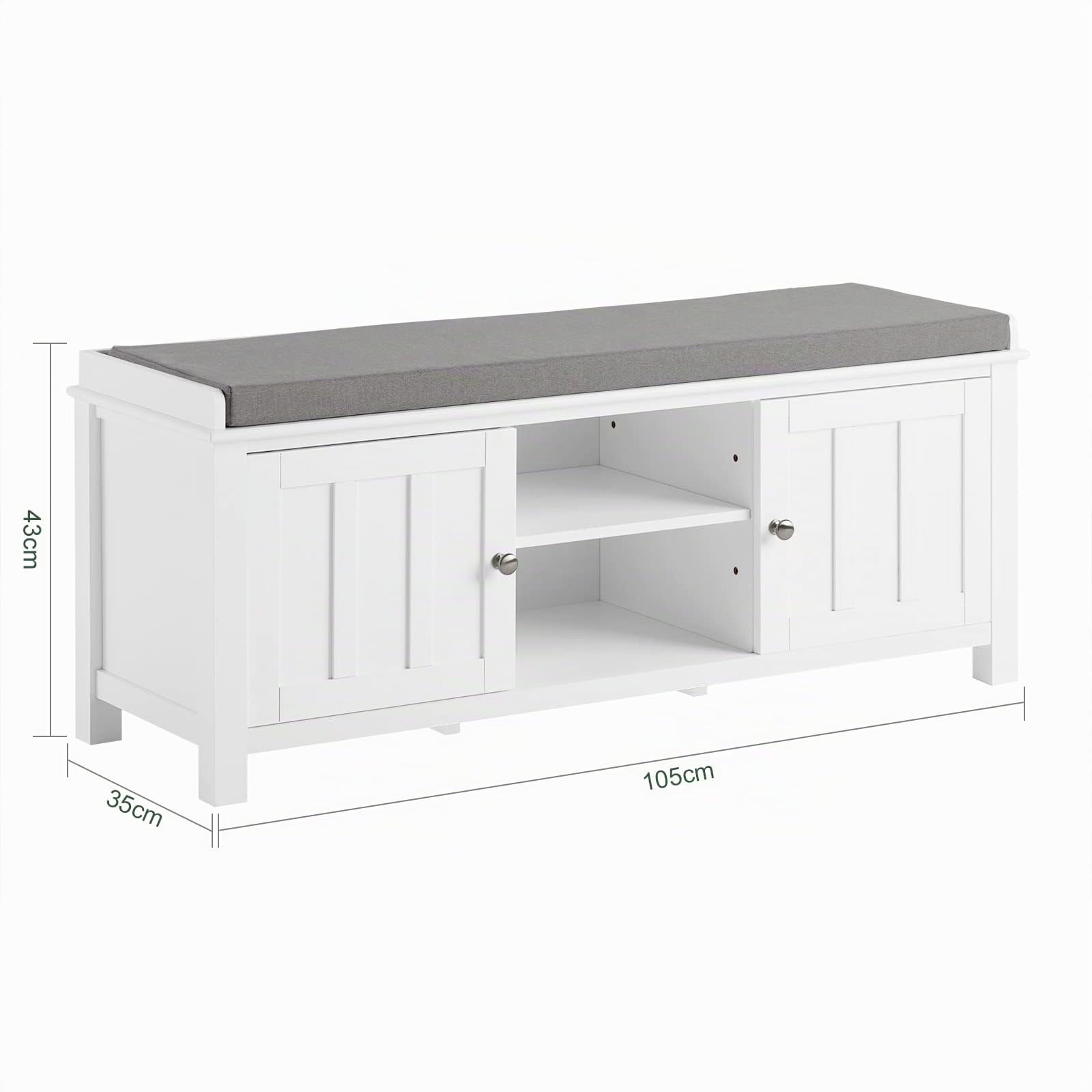 SoBuy FSR35-W Sitzbank Schuhschrank Garderobenbank mit Sitzkissen MDF Bettbank weiß BHT ca: 105x43x35cm | Sitzbank mit 2 Türen und Einlegeboden, MDF weiß lackiert, Belastbarkeit 100kg, kombinierbar mit Garderobe FSR35-W