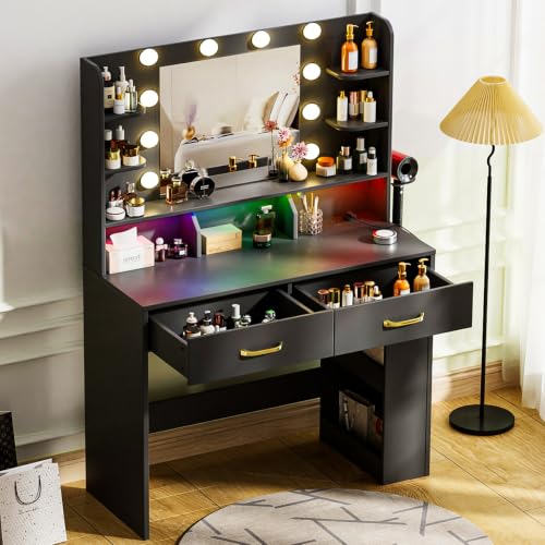 Image of COMHOMA Vanity Desk with Mirror and Light, Small Makeup Vanity with Storage Drawers & Power Outlet, 3 Lighting Modes & Adjustable Brightness, Dressing Table for Women Girls Bedroom, Black