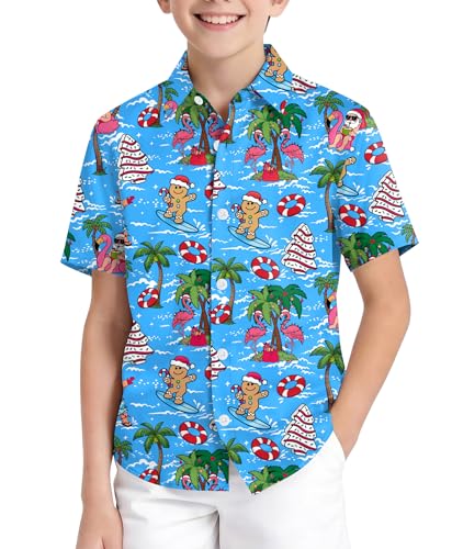 SWTJIC Boys Hawaiian Christmas Shirt Christmas in July Shirts Summer Santa Print Button Down Short Sleeve Outfits 12