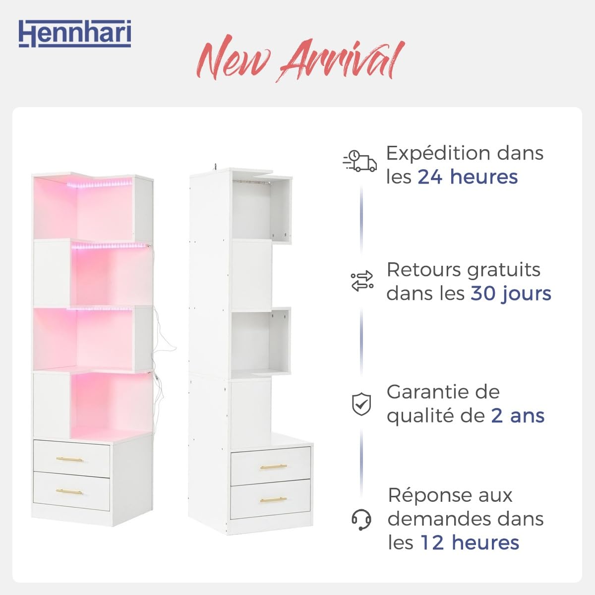 Étagère d'angle avec éclairage LED, bibliothèque à 4 Niveaux et 2 tiroirs, Meuble Multifonction de Rangement et d'exposition pour Salon, Chambre et Bureau (Blanc)
