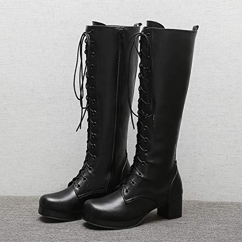 Women Fashion Chunky High Heels Lace Up Mid Calf Boots Side Zipper Platform Round Toe Knee High Boots Cosplay Lolita Princess Shoes4