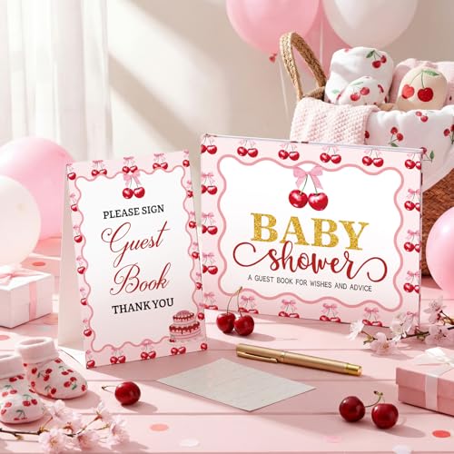 Image of Fuyoooo 27 Pcs Cherry Baby Shower Guest Book Set Baby Shower Sign in Guest Book Place Table Cards with Gold Pen Adhesive Photo Corner for Birthday Party