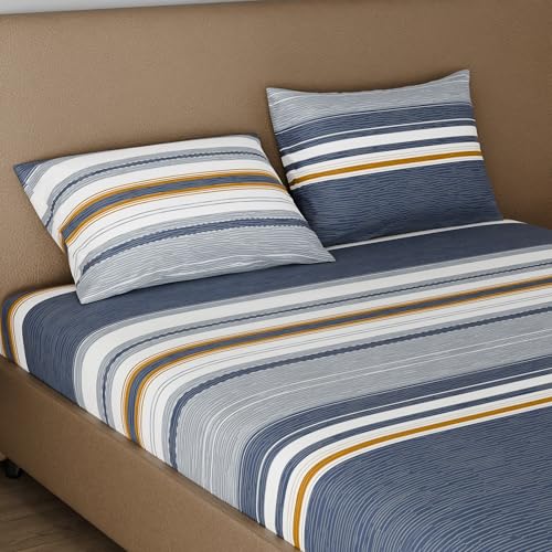 Image of BLISSHOME SoftTouch 150TC Cotton King Size Fitted Bedsheet with 2 Pillow Covers, Silky Smooth Bedding Set, Breathable, Easy Maintain, Geometric Pattern - Grey (183cm x 198cm + 25cm Drop)