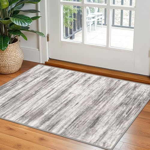 KOZYFLY Modern Abstract Small Area Rugs 2x3, Washable Kitchen Rug Non-Slip Soft Small Bathroom Rug, Grey Beige Striped Entryway Rugs Abstract Print Faux Wool Doormat for Bedside Entrance Bedroom Sink