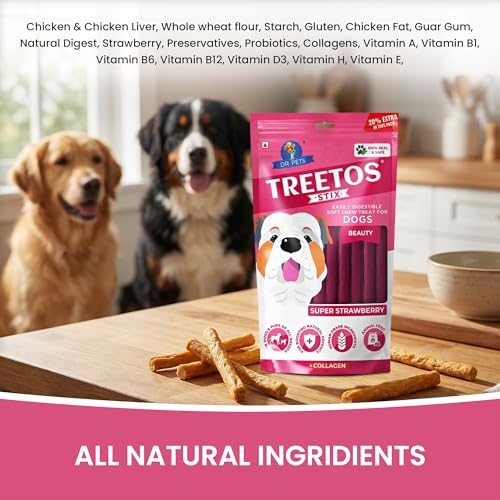 Image of Dr. Pets Pack of 2 (85g Each) Treetos Soft Dog Treats | Chicken Sticks with Strawberry Flavour for Puppies & Adult Dogs | Training Chew Snacks for All Breeds | Easy to Digest
