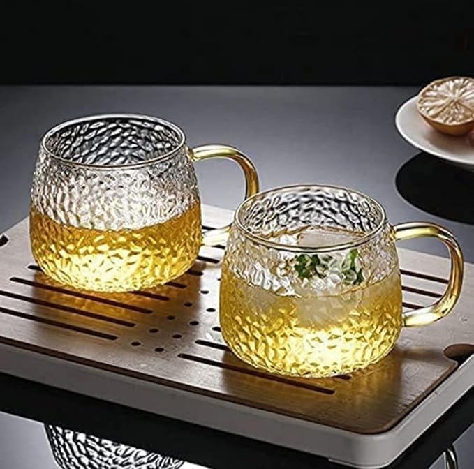 Image of PrimeWorld Golden Handle Glass Tea and Coffee Cups - Set of 2, 410ml | Premium Clear Glass Mugs with Elegant Gold Handle for Latte, Cappuccino, Espresso, Tea & Hot Beverages