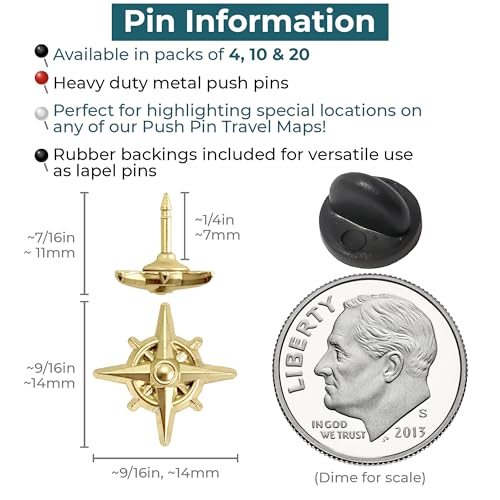 Image of Compass Push Pins - Gold Metal Compass Rose Pins - for Cork Board, Maps, or Lapel Pin Use - Designed in USA - Set of 4