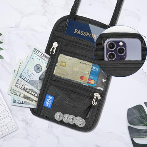 Neck Wallet Passport Holder for Men Women RFID Blocking Water Resistant Hidden Travel Pouch with Adjustable Strap Holds Phone Cards Cash (black)2