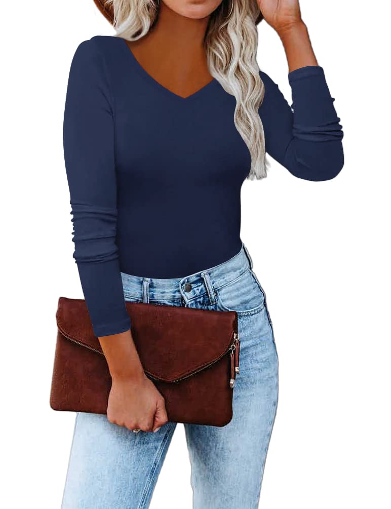 REVETRO Fall Womens Sexy V Neck T Shirt Undershirts Long Sleeve Shirt Slim Fit Basic Tee Winter Tunic Tops…