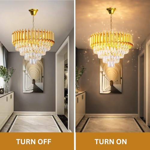 Image of One94Store Gold Mamba Crystal Chandelier Ceiling Light 500MM, Tricolour LED (Warm, Cool, Natural), Gold Premium Jhumar for Living Room, Dining, Luxury Interiors