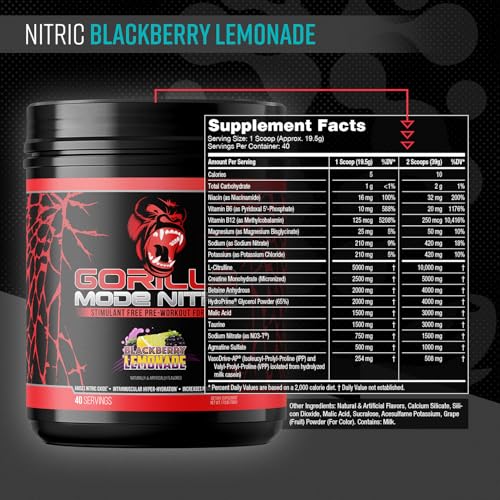 Image of Gorilla Mode Nitric Upgraded Stimulant Free Pre-Workout - Best Tasting & Most Effective Stimulant Free Pre-Workout /Massive Pump . Vasodilation . Power / 780 Grams (BlackBerry Lemonade)