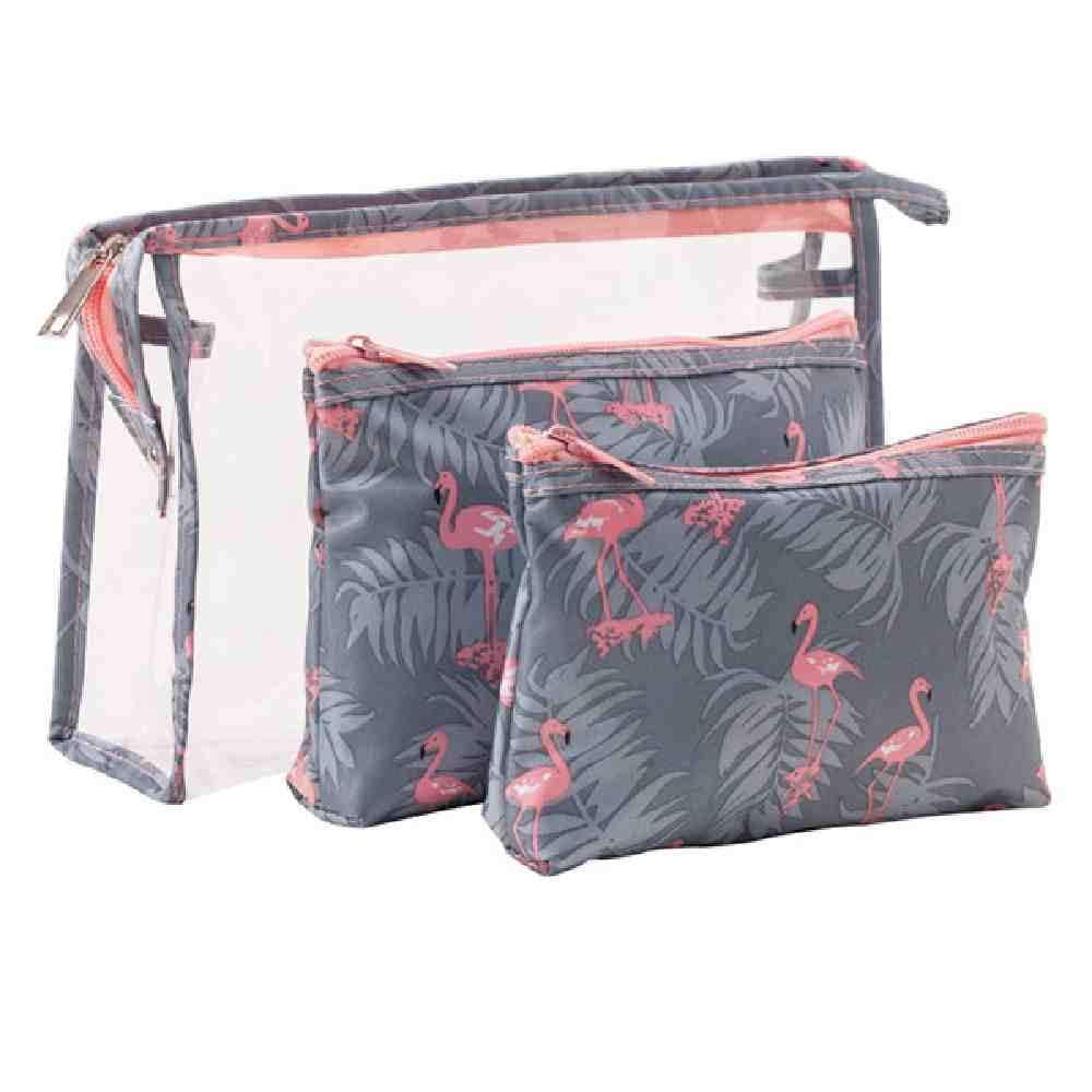 House of Quirk Flamingo Makeup Bag Set For Women Portable 3 Different Sizes Toiletry Kit Bag For Travel Daily Use For Women Girl (Flamingo Grey, Set Of 3)-image-45