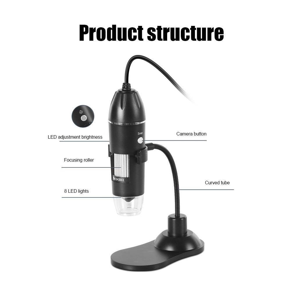 Cámara de Microscopio USB, Aumento de 50x a 1000x, Microscopio Digital Portátil con 8 Luces LED, Soporte Ajustable, Cámara de Endoscopio para Estudiantes, Inspección Industrial