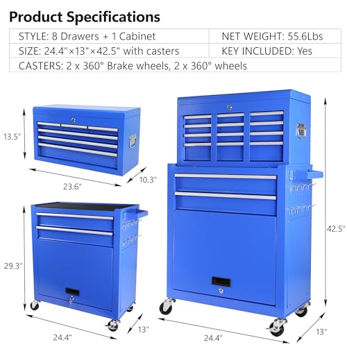 Image of BouPower Tool Chest with 8 Drawers, Rolling Tool Cabinet with Wheels, Mobile Steel Tool Storage Organizer with Detachable Top Tool Box, for Warehouse&Workshop