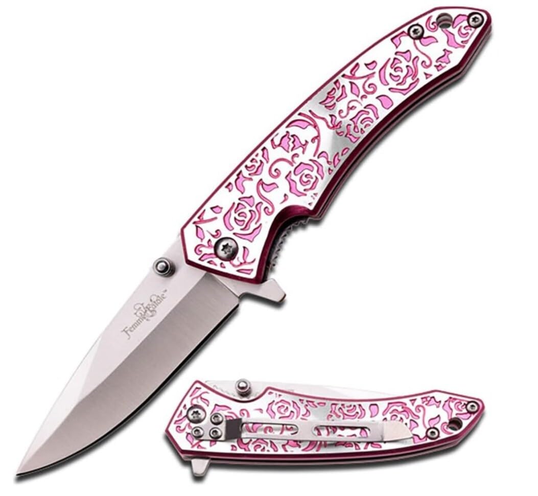 New FEMME FATALE Spring Assisted Open PINK ROSE Ladies Purse Folding Eco'Gift Limited Edition Sharp Elite Knife