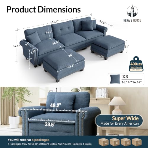 Image of HERA'S HOUSE 116 inch Oversized U Shaped Modular Sectional Couch Living Room | Mid-Century Modern 5-Seater Cloud Sofa, Blue, Rolled Arms & Nailhead Trim, Wider & Deeper Seats, Ottoman, Linen