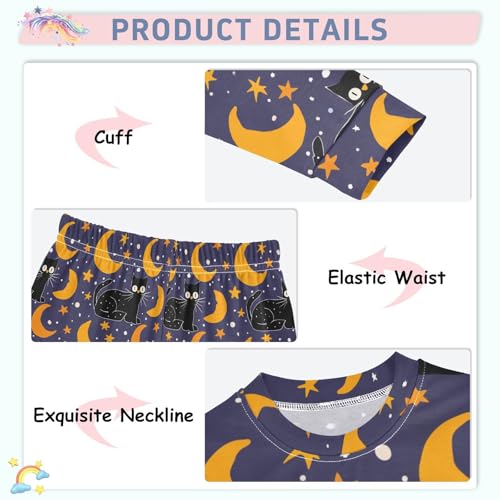 Fustylead Hand Draw Black Cat in Recumbent Pose and Stars Moon Cotton Pajamas 2-Piece Long Sleeve Sleepwear Matching Set4