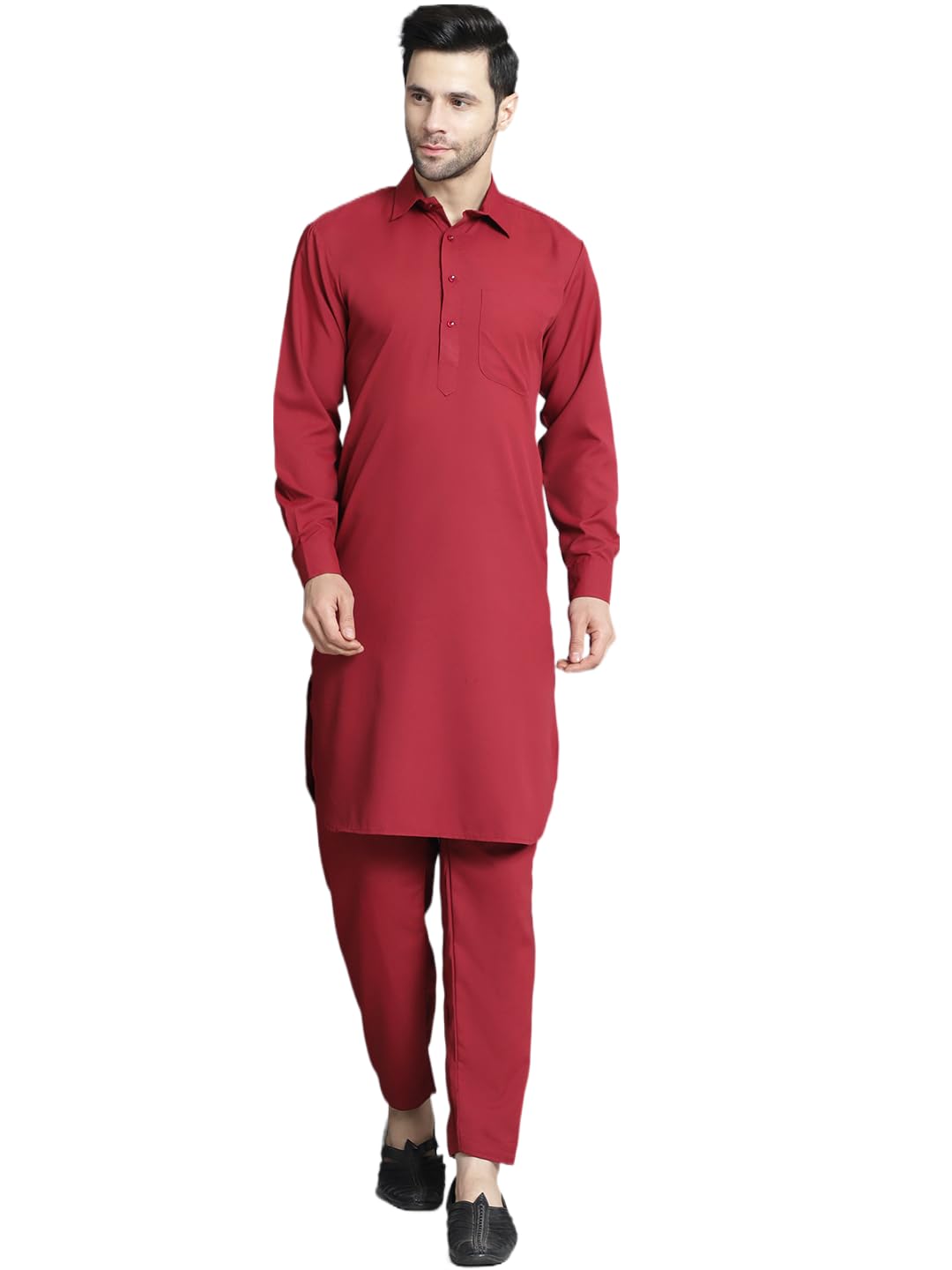 Jompers Men's Maroon Solid Pathani Kurta With Salwar (Maroon, Xl)