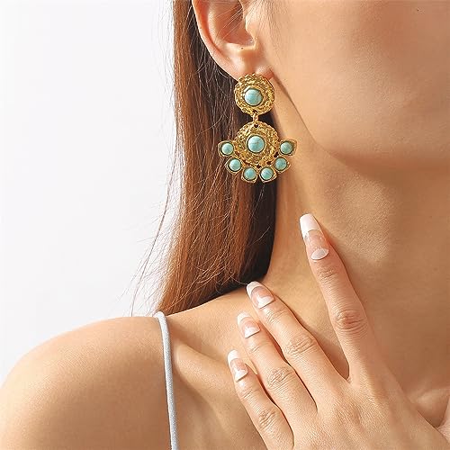 Boho Turquoise Chandelier Dangle Earrings for Women Girls Vintage Bohemian Round Blue Birthstone Ball Y2K Western Statement Drop Dangling Stud Earring Hypoallergenic Ethnic Birthday Christmas Jewelry Gifts3