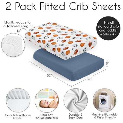 Image of Sweet Jojo Designs 2-Piece Baby Crib Sheets Set (Vintage Sports Theme) for Boys, Infant Nursery, Toddler Room -Fitted, Standard Size (Solid Steel Blue and Soccer Balls, Football, Baseball, Basketball)