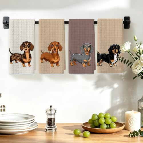 Image of 4 Pcs Dachshund Kitchen Towels, Dachshund Gifts Reusable Dish Towels | Waffle Weave Absorbent Hand Cloth Tea Towel for Kitchen Bathroom Decor, Cute Weiner Dog Gifts for Women Mom Friend 24x14 Inch