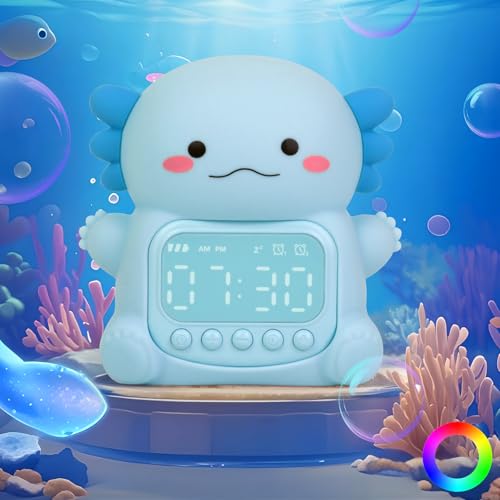 Image of Axolotl Alarm Clock with Night Light for Kids, Rechargeable Silicone Lamp Time to Wake Clock Cute Animal Tabletop Lamp, Perfect Sleep Companion for Boys Girls, Blue