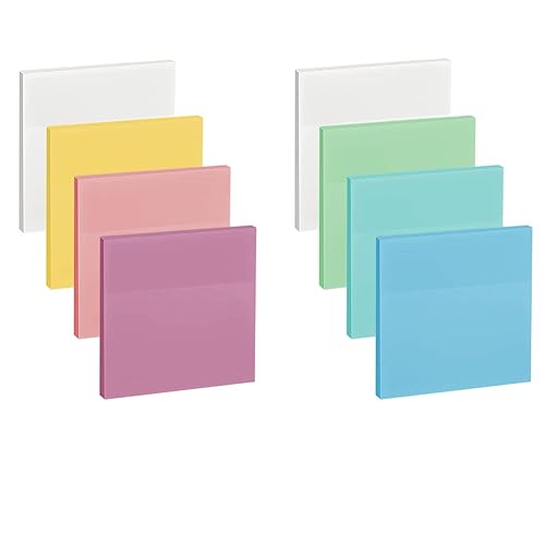 ENLUOM 400 Sheets Colored Transparent Sticky Notes - 3 x 3 in Translucent Sticky Notes, Pastel Clear Waterproof Self-Sticky Note, See Through Sticky Note, Aesthetic Office Supplies (8 Pads) - 7 Colors 400 Sheets - 3 x 3 inches