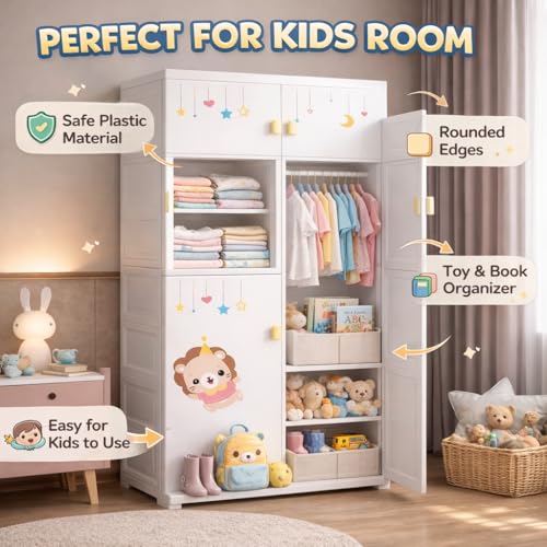 Image of AYSIS Kids Plastic Collapsible Wardrobe Organizer for Storage with Drawers | Cute Cartoon Design | Heavy Duty Cloth Organizer for Storage | Easy to Assemble | Perfect for Kids Room & Home | White