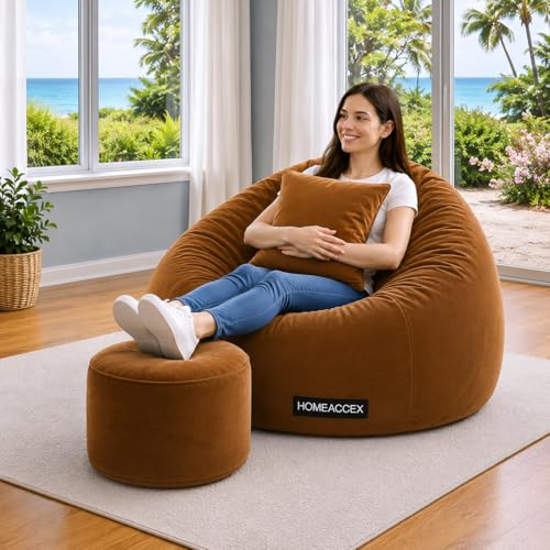 Image of 3XL Velvet Bean Bag Combo with Footrest & Cushion Filled Bean Bag with Beans| Capacity Upto 120 Kg, Brown