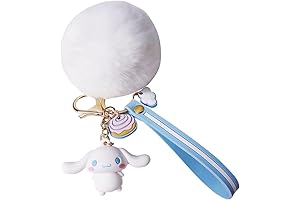 Cute Keychains for Girls, Kawaii Cinnamoroll Pom Pom Fuzzy Key Chain Wristlet
