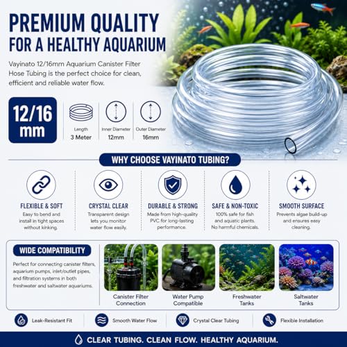 Image of VAYINATO 12 /16mm Aquarium Canister Filter Hose Pipe Airline Flexible Tubing, 3m - Freshwater and Saltwater Fish Tank (Clear) by Pezlifeworld