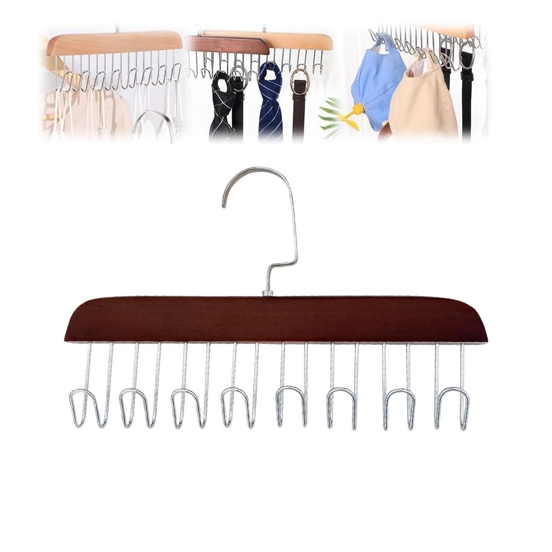 Yelschwa Dark Brown Non Slip Coat Rack With 8 Hooks Belt Hanger For Closet Tank Top Bra Hanger Tie Hanger Belt Organizer Closet Accessories Multifunctional Hooks Belt Rack Sturdy Wood (Dark Brown)