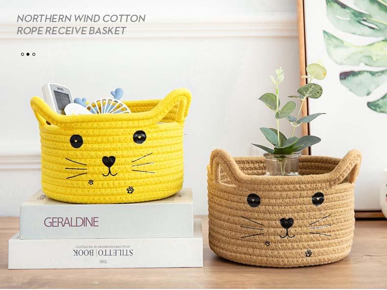 Image of Cotton Rope Basket Yarn Basket With Ears Cute Baby Shower Gifts Cartoon Pet Toys Organizer Bins Small Basket For Makeup /Keys 8.3 x 4.7 inches,Brown