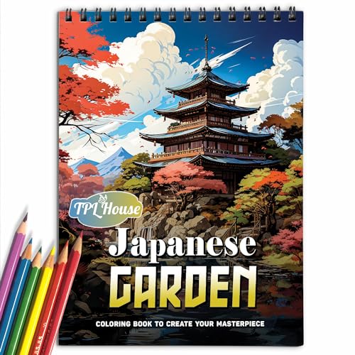 TPLHOUSE Japanese Gardens Coloring Book Spiral Bound for Adults and Garden Lovers, Premium Cover, 30 Simple Coloring Pages of Japanese Scenery Style for Stress Relief and Relaxation