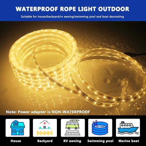 RYGDENG 32.8FT Waterproof LED Rope Lights Warm White, Dimmable Outdoor Led Strip Lights Waterproof, 12V Flat Rope Lights, Flexible Rope Lighting for Indoor Bedroom Deck Patio Christmas Camping