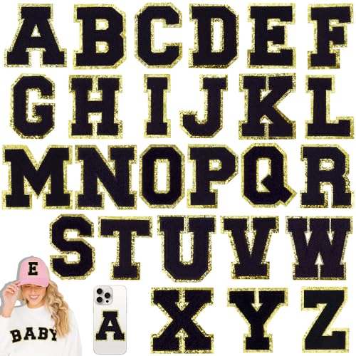 HEKOOLA 3 Inch Black Chenille Varsity Alphabet A-Z Iron On Patches 26 Pcs