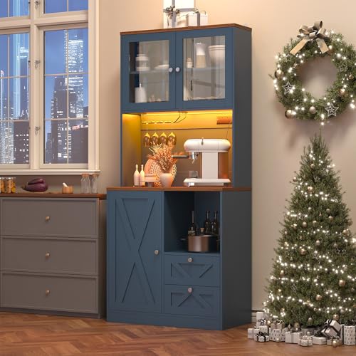 Image of 71 inch Tall Coffee Bar Cabinet with Storage Hutch, Farmhouse Kitchen Pantry Cabinet with LED Lights Microwave Stand and Glass Holder for Home Dining Room Kitchen (Blue)