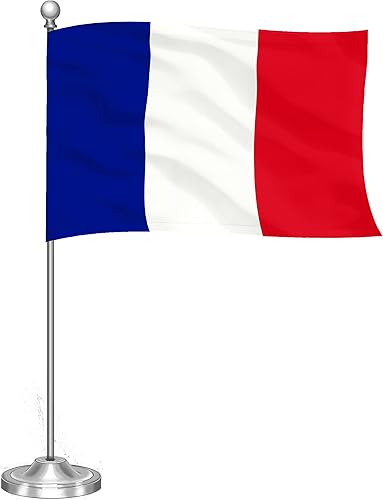 G128 Juego de banderas de escritorio francesas de lujo de Francia, 8.5 x 5.5 pulgadas, poliéster 300D impreso, con cúpula y base plateadas, poste de