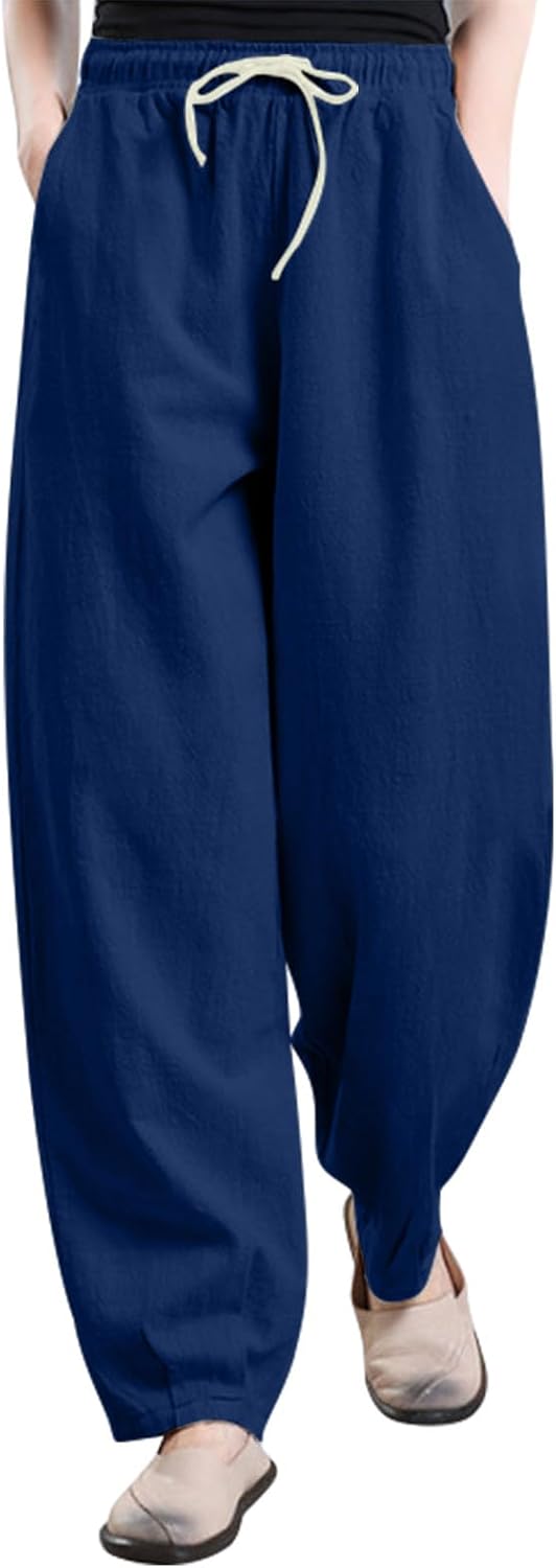 Casual Cotton Linen Pant for Women Lightweight Wide Leg Harem Pants High Waist Drawstring Slacks 2025 Fashion Trouser