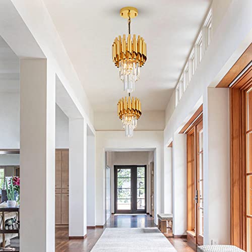 Brfaixla 1 Pack Gold Crystal Pendant Light 7.88" Modern 2-Tier Contemporary Round Crystal Hanging Ceiling Light For Dinning Room Kitchen Island Bedroom Laundry Room Foyer Entryway, E26 #TOP5
