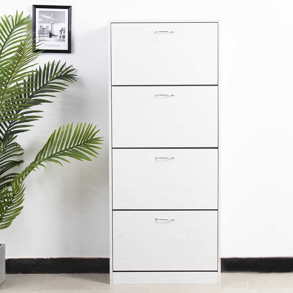 BAKAJI Scarpiera Portascarpe in Legno MDF con 4 Ante Porta Scarpe a Ribalta Maniglie in Metallo Doppia Profondità Dimensioni Compatte Slim 63 x 24 x 150 cm Ingresso Casa (Bianco Frassinato)