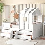 Full Size Low Loft Bed Frames House Bunkbed Platform Beds No Box Spring Needed with Four Storage...