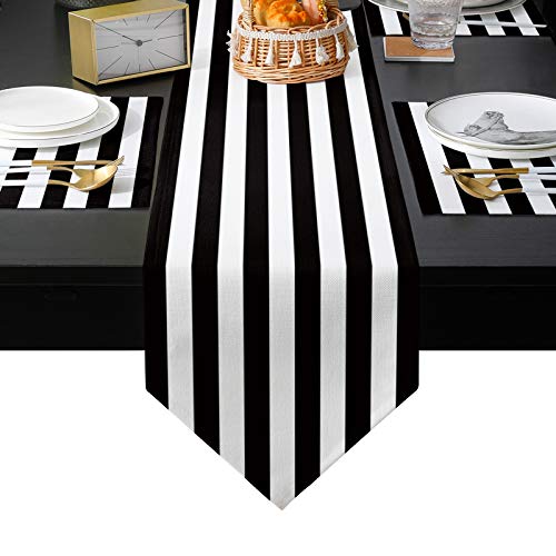 Placemats And Table Runner 13 X 70 Inch Set For Dining Table - Simple Minimalist Black And White Stripes Placemats Set Of 6 And Runner For Farmhouse, Events, Indoor And Outdoor Parties #TOP1