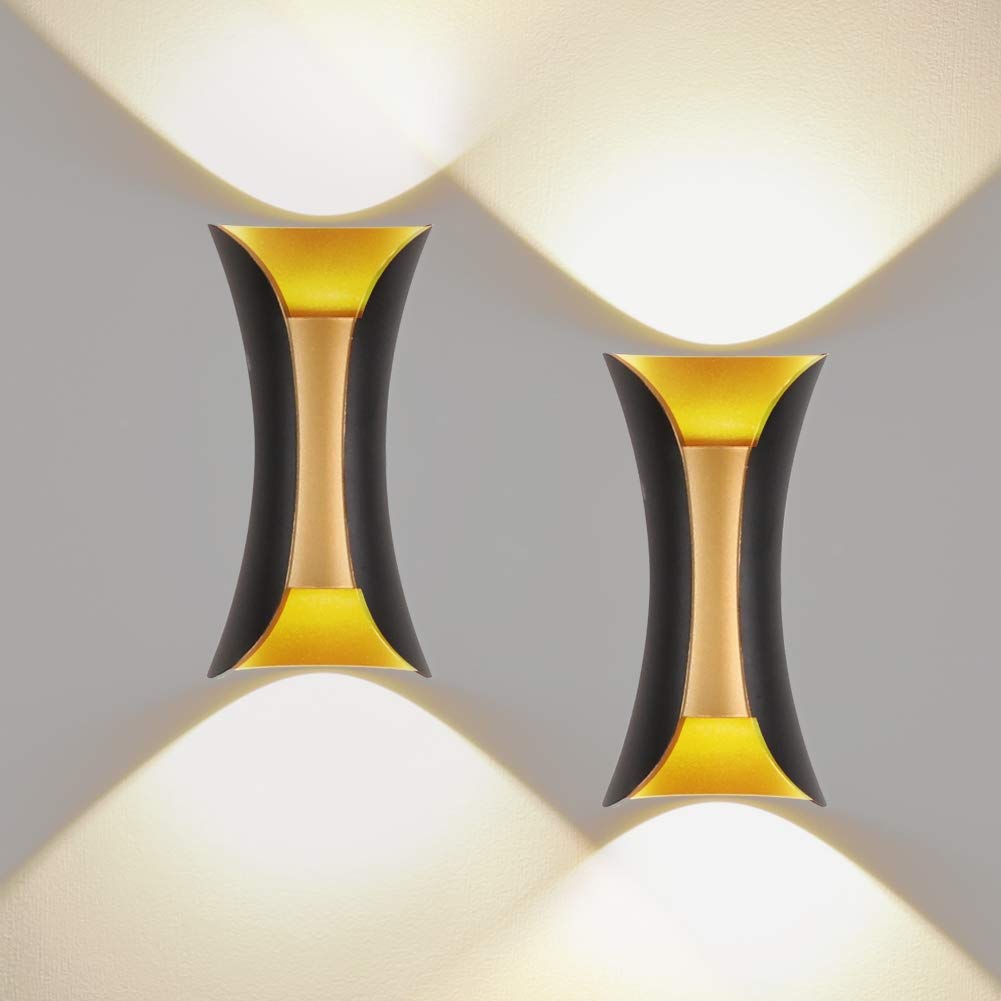 Klighten 2er Außenwandleuchte LED Wandleuchte Innen/Außen Modern Up Down IP65 10W Wandlampe aus Aluminium für Wohnzimmer Schlafzimmer Treppenhaus Flur Warmweiß 3000K, Schwarz & Gold