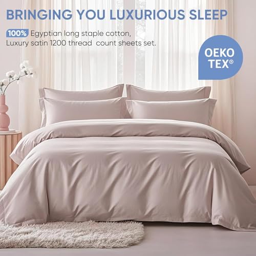 Image of TWK 1200 TC 100% Egyptian Long-Staple Cotton Bedding Sheets Set, Luxury Hotel Style Deep Pocket with Elastic Reinforced Seams Sheet Set, Soft & Comfy Natural Sheets(Sand King)