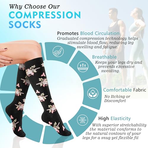 6 Pairs Compression Socks for Women Men 20-30mmhg Graduated Support Knee High Socks for Nurse Travel Flight2