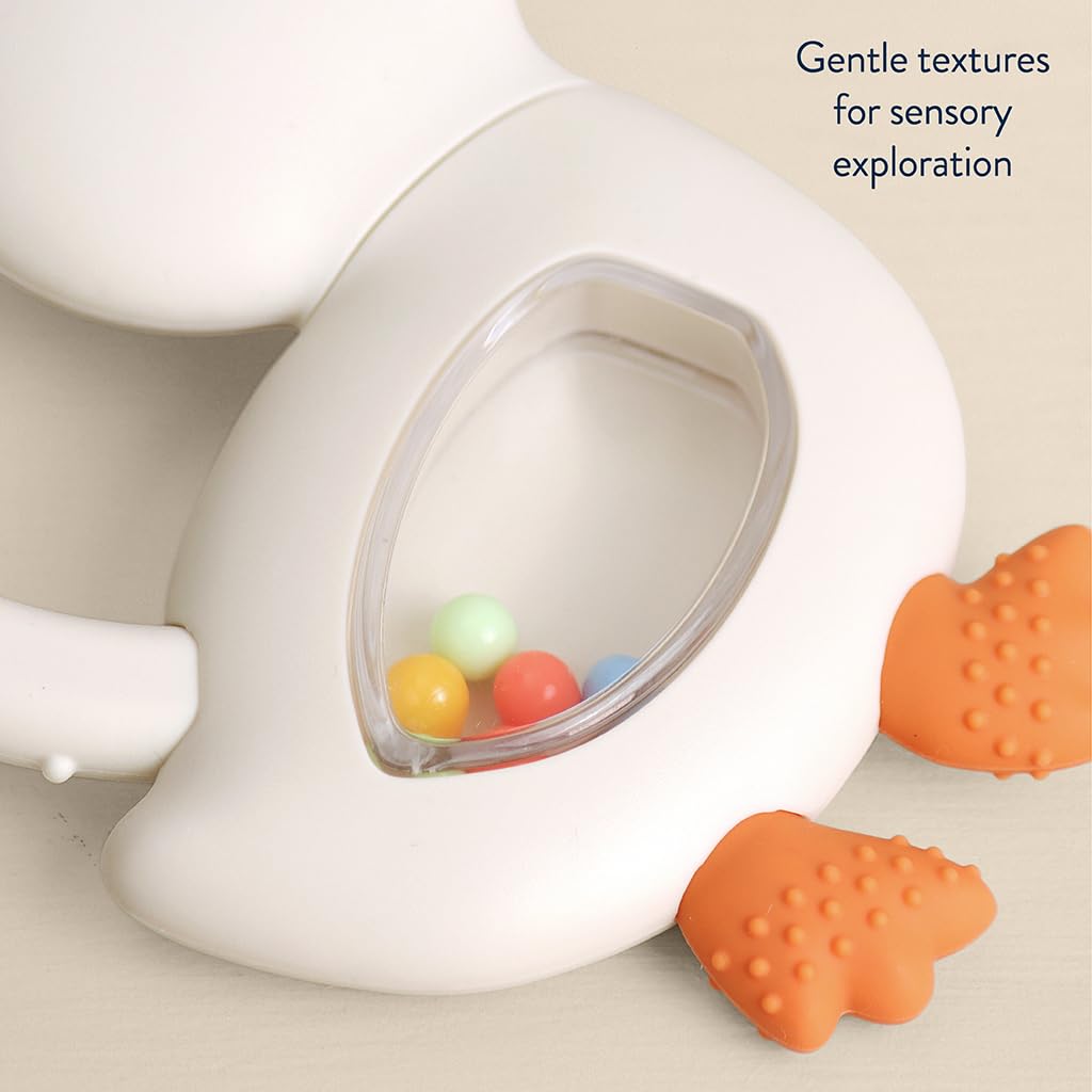 Itzy Ritzy Silicone Rattle Teether - Bitzy Shake Teething Toy with Textured Silicone, Gentle Rattle Sounds & Colorful Dancing Beads for Sensory Play (Goose)